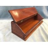 A Victorian 2ft mahogany scroll box with piano type hinged lid, with moulded plinth to front. (24in)