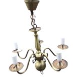 A contemporary hanging Dutch style brushed brass chandelier with five scrolled branches holding
