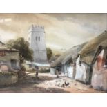 Harry Edmunds Crute, watercolour, village landscape scene with church type tower and chickens in