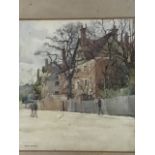 Nora Davison, watercolour, street scene with figures on roadway, signed, mounted & oak framed. (7.