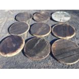 Nine circular scorched oak barrel tops/bottoms - 21in dia. (9)