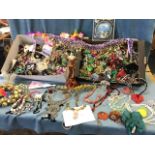 Two boxes of costume jewellery and accessories including necklaces, bags, bracelets, bangles, beads,