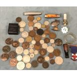 Miscellaneous items including coins, a silver ID bracelet, a cigar cutter, a leather mounted