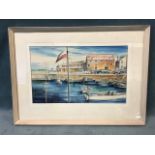 JD Nelson, watercolour, harbour view with figures in boat, signed, inscribed to verso The Harbour