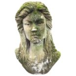 A composition stone female bust, the garden sculpture modelled with long flowing hair. (17in)