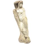 A composition stone garden statue of a lady with flowing hair, leaning against a treetrunk. (26.