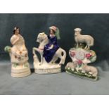 Three Victorian flatbacks - Queen on horseback, clock with sheep, and single girl. (9in) (3)