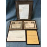 Two oak framed invitations to the 1902 coronation; and three other framed certificates. (5)