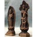 A small bronze Tara type buddhist figure, standing on lotus plinth with leaf shaped alcove; and