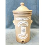 A Victorian stoneware water filter, the tubular vessel having domed cover with knob finial, labelled