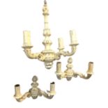 A painted ceiling light with four acanthus scrolled branches around a leaf moulded column, and a