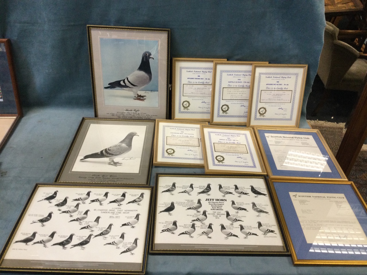 A box of miscellaneous framed pictures and pigeon racing certificates, prints, Heaton Cooper - Image 2 of 3