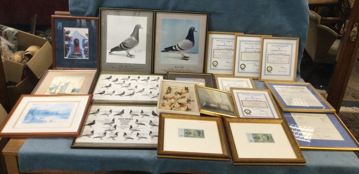 A box of miscellaneous framed pictures and pigeon racing certificates, prints, Heaton Cooper