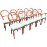 A set of ten mahogany baloon back dining chairs, the moulded backs above upholstered seats raised on