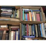 Four boxes of books - reference, novels, some leather bound, book collecting, biographies, travel,