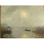 Theo van Wŷnguarden, oil on canvas, fishermen in the mist on punt beyond landing stage, signed and