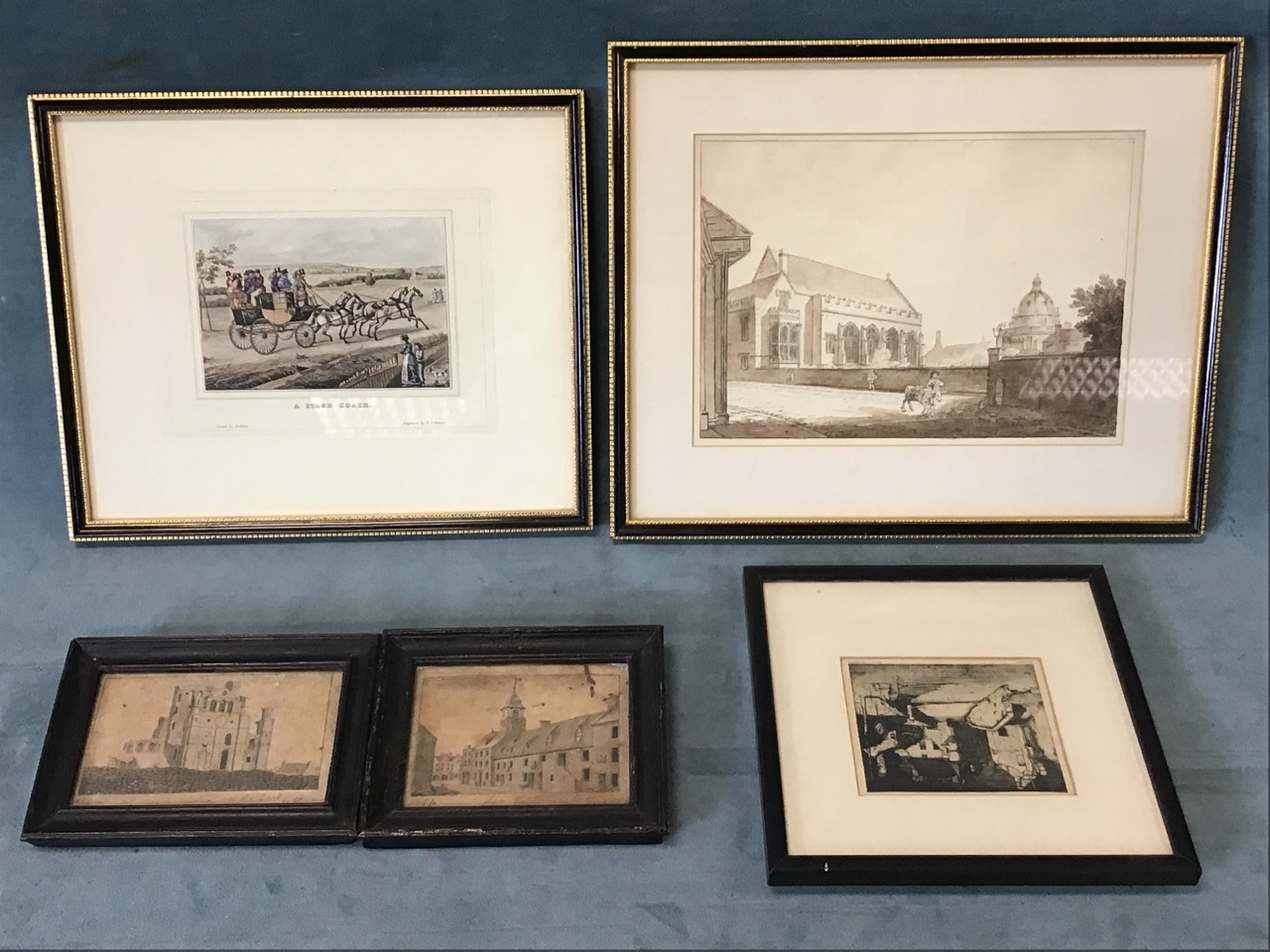 A pair of monochrome sketches dated 1766, laid down and framed; a pen & ink study of Oxford with