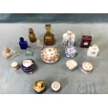 A collection of small dressing table accessories - five moulded and cut glass scent bottles; a
