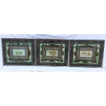 A set of three painted leaded stained glass panels, the central landscapes with humorous