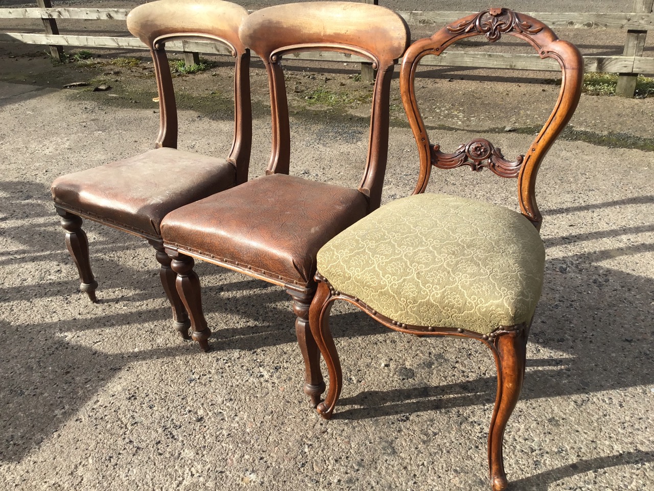 A pair of Victorian mahogany chairs with scroll carved backs above stuffover rexine upholstered - Image 3 of 3