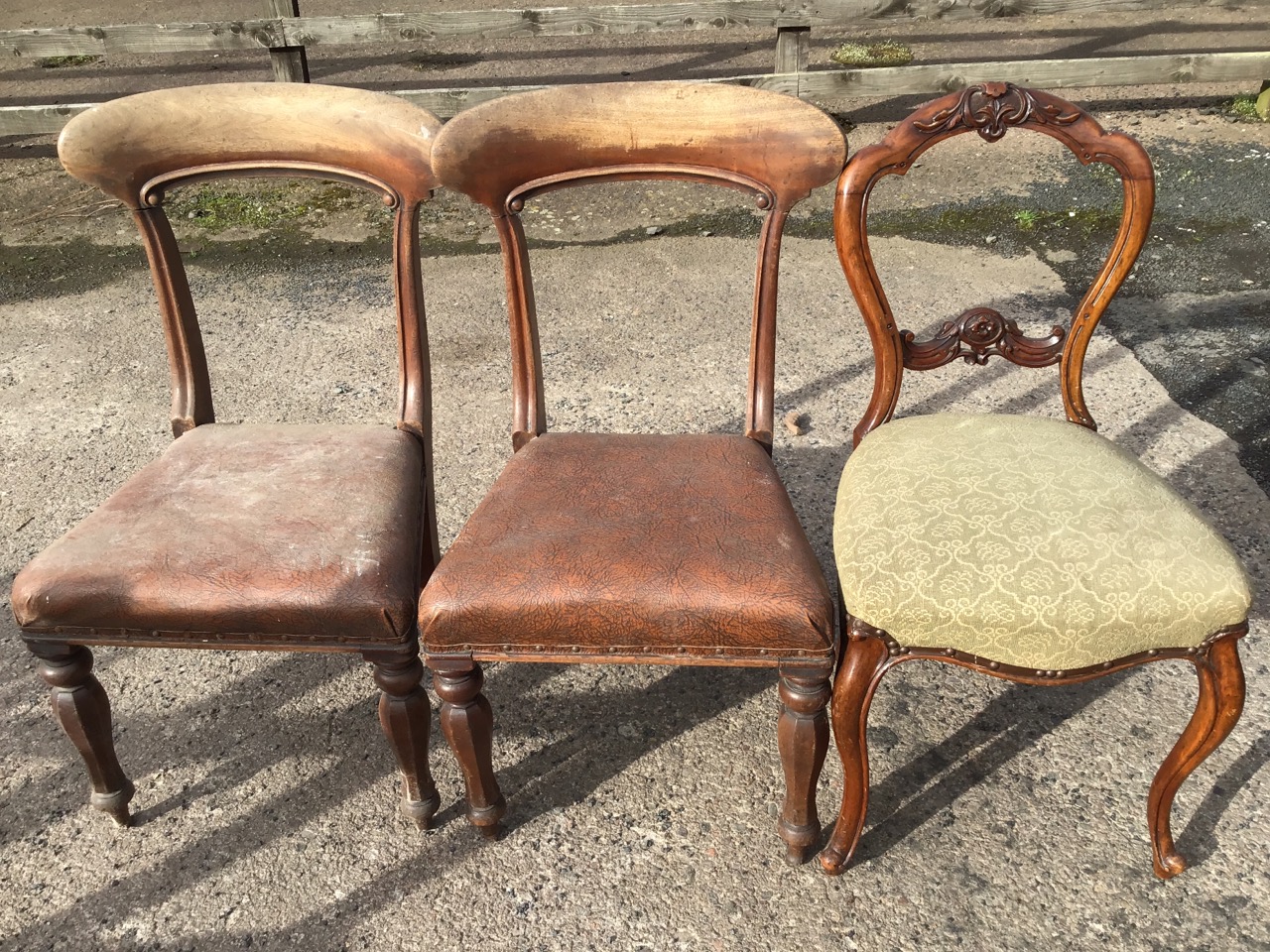A pair of Victorian mahogany chairs with scroll carved backs above stuffover rexine upholstered - Image 2 of 3
