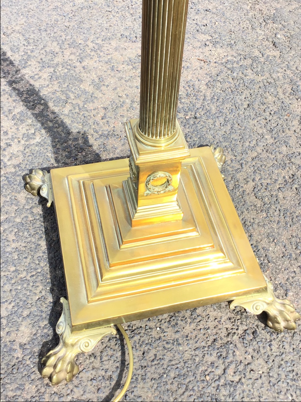 A late Victorian telescopic brass standard lamp, the fluted column with scrolled capitals above a - Image 3 of 3