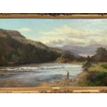 Douglas Adams, oil on canvas, fisherman on riverbank titled The Monument Pool on the River Tummel