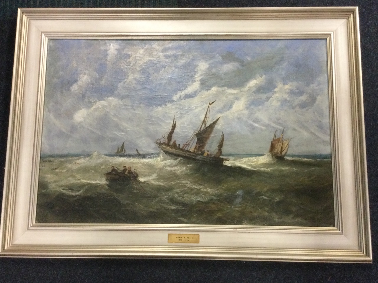 After Edwin Hayes, oil on canvas, shipping in choppy seas, signed & framed and labelled. (29.5in x - Image 3 of 3