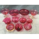 A quantity of cranberry glass dishes, bowls, tazzas, hand-blown, clear stemmed, comports, etc. (11)