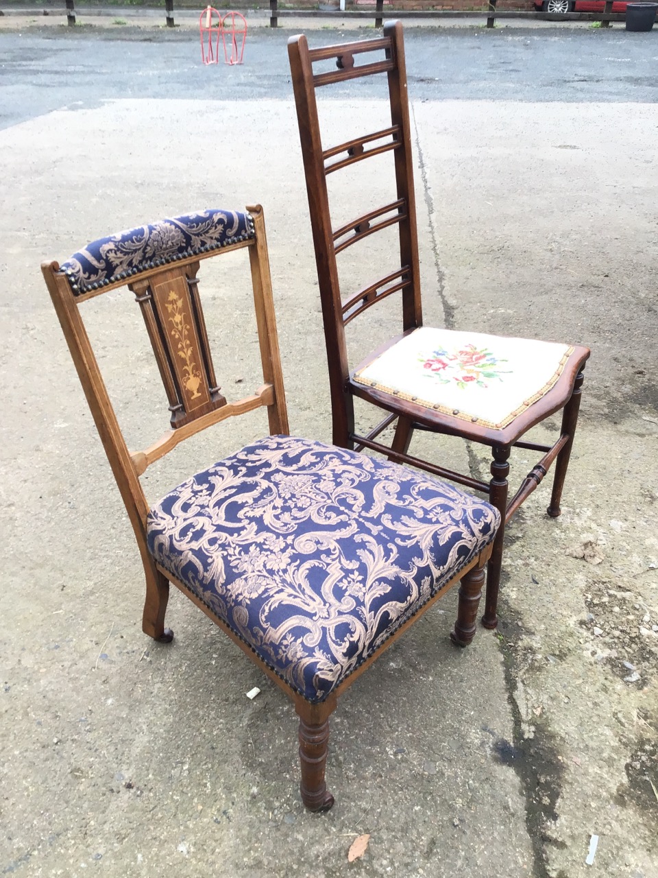 An Edwardian rosewood nursing chair with stud upholstered back rail above foliate marquetry inlaid - Image 3 of 3