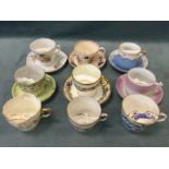 A quantity of moustache cups and saucers, Aynsley, M&C, etc., transfer printed with floral and