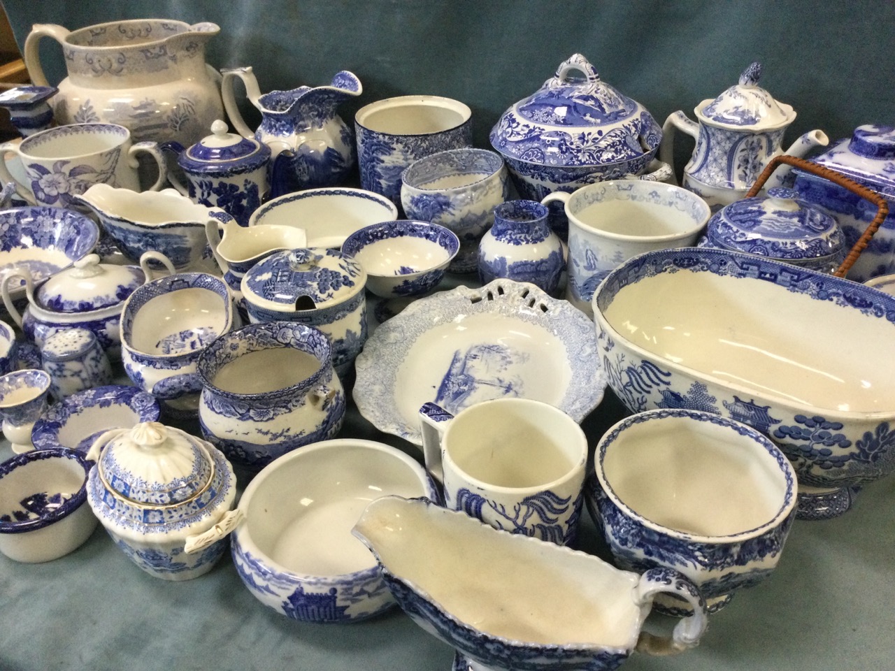 A large quantity of blue & white mostly C19th transfer printed ceramics - jugs, teapots, - Image 2 of 3