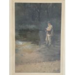 Peter Alexander Hay, watercolour, bearded gentleman fly fisher landing a fish, signed, mounted &