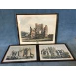 A pair of Swarbreck coloured prints of Melrose Abbey - hogarth framed; and a framed print of Kelso