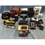 A box of miscellaneous cameras - Brownie, Focus, Asahi Pentax, an old brass lens, Hanimex, etc. (A