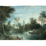 Nineteenth century English school, watercolour, fisherman on riverbank in moonlight, with mill and