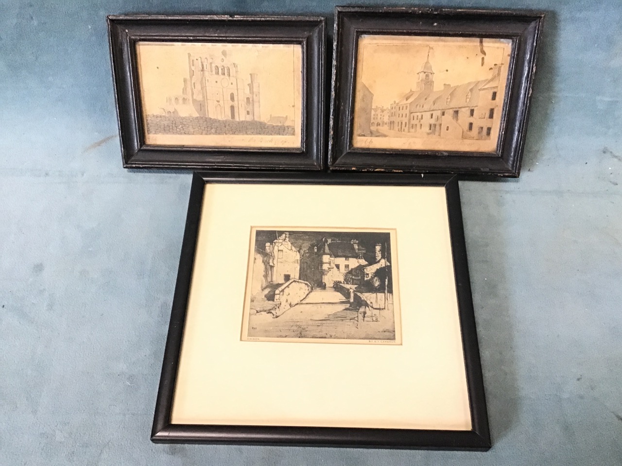 A pair of monochrome sketches dated 1766, laid down and framed; a pen & ink study of Oxford with - Image 2 of 3