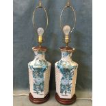 A pair of hexagonal chinoiserie vase tablelamps, with alternating pierced grill latticework