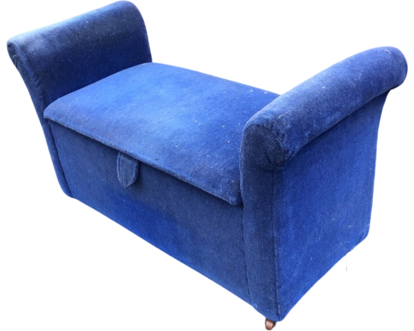 An upholstered ottoman type bench stool with rectangular lifting lid to box revealing a lined