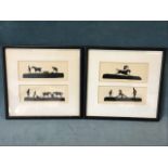 Two pairs of nineteenth century handcut silhouettes depicting circus and rural landscapes, each pair