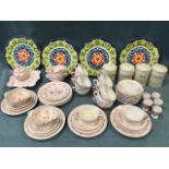 A French Quimper breakfast & dinner set hanpainted with pink leaf decoration - cups & saucers,