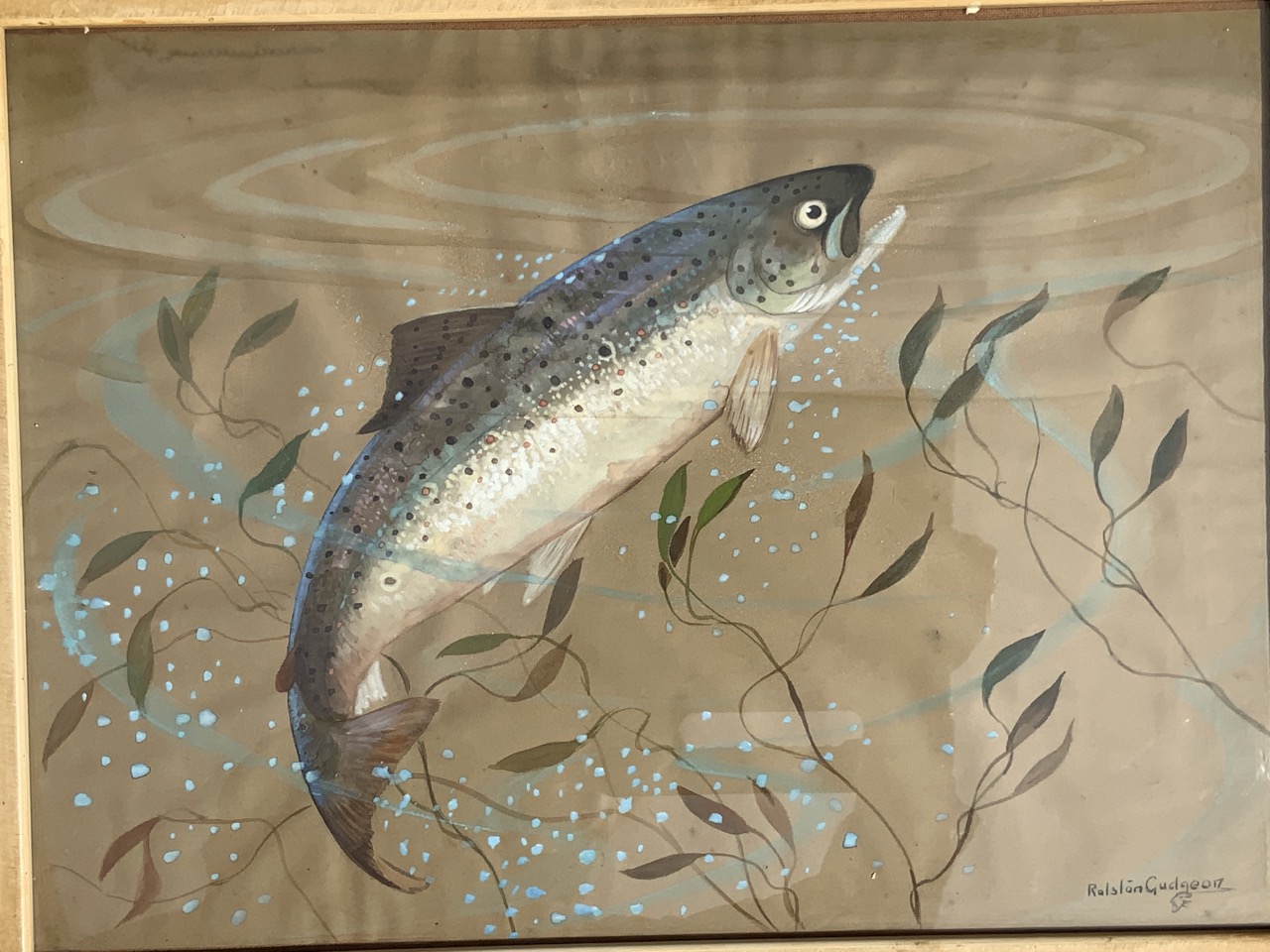 Ralston Gudgeon, watercolours, a pair, salmon on line with fly, and trout rising in pool, signed and - Image 3 of 3