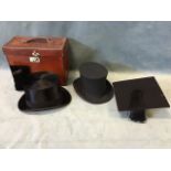 A leather cased silk top hat by Forsyth of Edinburgh; a collapsible opera hat by Lincoln Bennett &