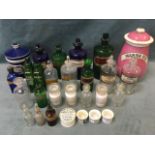 A quantity of labelled ceramic and glass chemists bottles - liquid arsenicalis, sulphuric acid, amyl