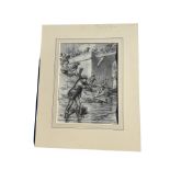 Godefray Durand, pencil and grey wash, fisherman by bridge with figures in background, signed and