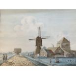 Isaac van Ketweg, pen, ink & watercolour, Dutch windmill landscape with figures and fishermen,