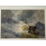 BJM Donne, watercolour, fisherman on rock by waterfall pool edge, signed and dated 1896 and titled