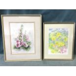 Gwyneth Featherstone, watercolour, still life with hollyhocks, signed, mounted & framed; and