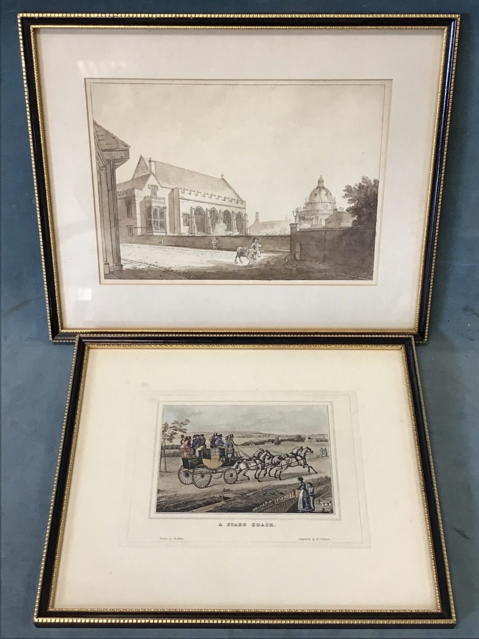 A pair of monochrome sketches dated 1766, laid down and framed; a pen & ink study of Oxford with - Image 3 of 3