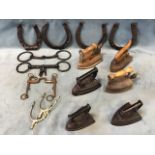 Six flat irons - cast iron, gas, wood handled, Carron Foundry, electric, etc; three old horse